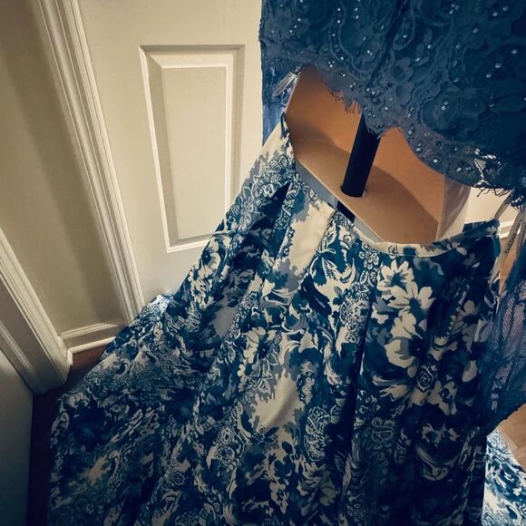 Sherri Hill Blue and White Bishop Sleeve Prom Dress - Picture 8 of 15